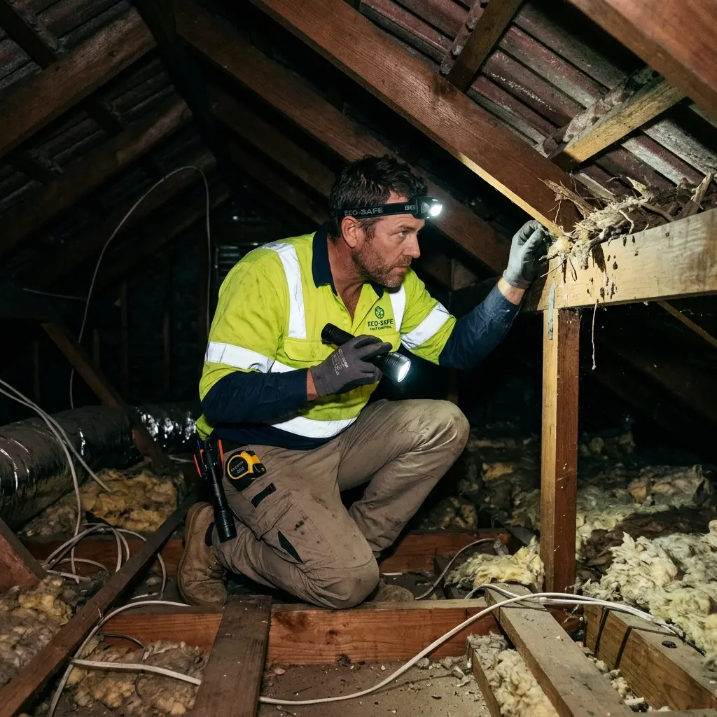 Technician inspecting a roof cavity for a dead animal in Tottenham