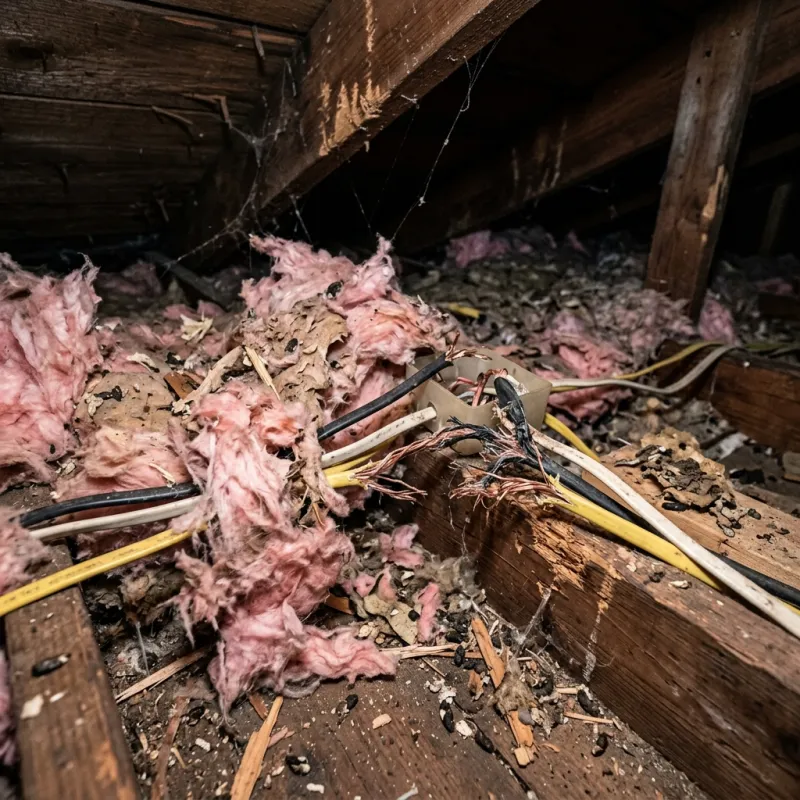 Contaminated ceiling insulation being assessed in a Tottenham roof space